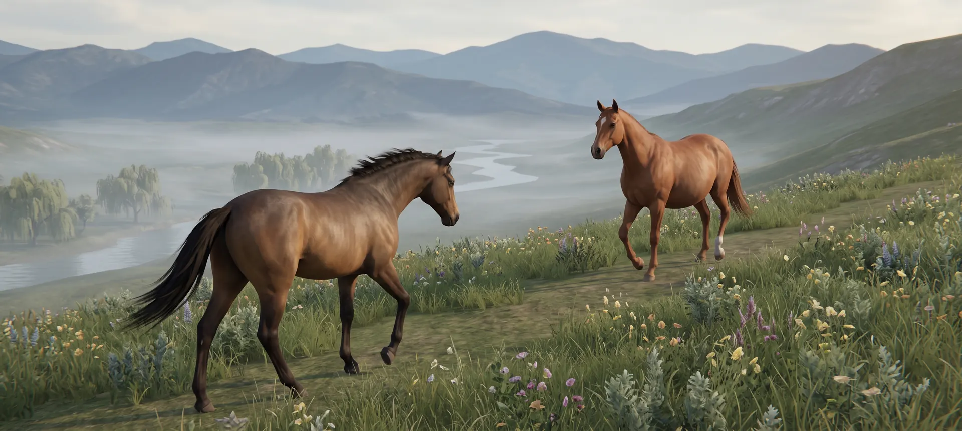 Two horses meeting on a flowering hillside at misty dawn, a river winding through the valley below